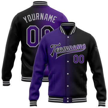 Custom Black Purple-Gray Bomber Full-Snap Varsity Letterman Gradient Fashion Jacket