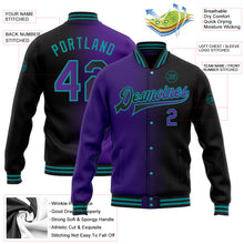 Load image into Gallery viewer, Custom Black Purple-Teal Bomber Full-Snap Varsity Letterman Gradient Fashion Jacket
