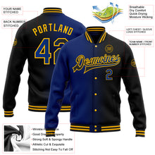 Laden Sie das Bild in den Galerie-Viewer, Custom Black Royal-Gold Bomber Full-Snap Varsity Letterman Gradient Fashion Jacket
