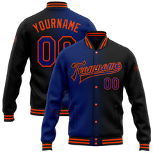 Laden Sie das Bild in den Galerie-Viewer, Custom Black Royal-Orange Bomber Full-Snap Varsity Letterman Gradient Fashion Jacket
