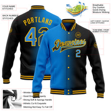 Laden Sie das Bild in den Galerie-Viewer, Custom Black Electric Blue-Gold Bomber Full-Snap Varsity Letterman Gradient Fashion Jacket
