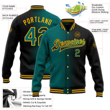 Laden Sie das Bild in den Galerie-Viewer, Custom Black Teal-Gold Bomber Full-Snap Varsity Letterman Gradient Fashion Jacket
