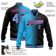 Laden Sie das Bild in den Galerie-Viewer, Custom Black Sky Blue-Pink Bomber Full-Snap Varsity Letterman Gradient Fashion Jacket
