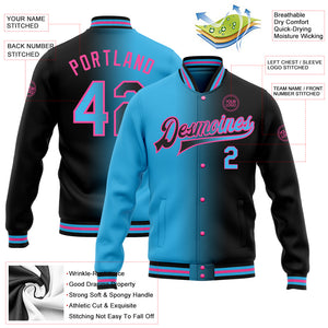 Custom Black Sky Blue-Pink Bomber Full-Snap Varsity Letterman Gradient Fashion Jacket