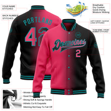 Laden Sie das Bild in den Galerie-Viewer, Custom Black Neon Pink-Teal Bomber Full-Snap Varsity Letterman Gradient Fashion Jacket
