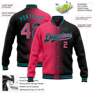 Custom Black Neon Pink-Teal Bomber Full-Snap Varsity Letterman Gradient Fashion Jacket