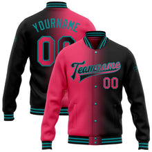 Laden Sie das Bild in den Galerie-Viewer, Custom Black Neon Pink-Teal Bomber Full-Snap Varsity Letterman Gradient Fashion Jacket
