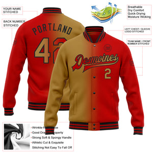Custom Red Old Gold-Black Bomber Full-Snap Varsity Letterman Gradient Fashion Jacket