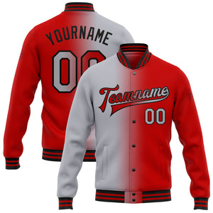 Custom Red Gray-Black Bomber Full-Snap Varsity Letterman Gradient Fashion Jacket