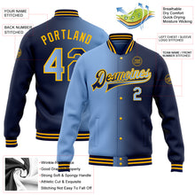 Laden Sie das Bild in den Galerie-Viewer, Custom Navy Light Blue-Gold Bomber Full-Snap Varsity Letterman Gradient Fashion Jacket
