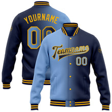 Laden Sie das Bild in den Galerie-Viewer, Custom Navy Light Blue-Gold Bomber Full-Snap Varsity Letterman Gradient Fashion Jacket
