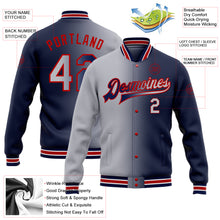 Laden Sie das Bild in den Galerie-Viewer, Custom Navy Gray-Red Bomber Full-Snap Varsity Letterman Gradient Fashion Jacket
