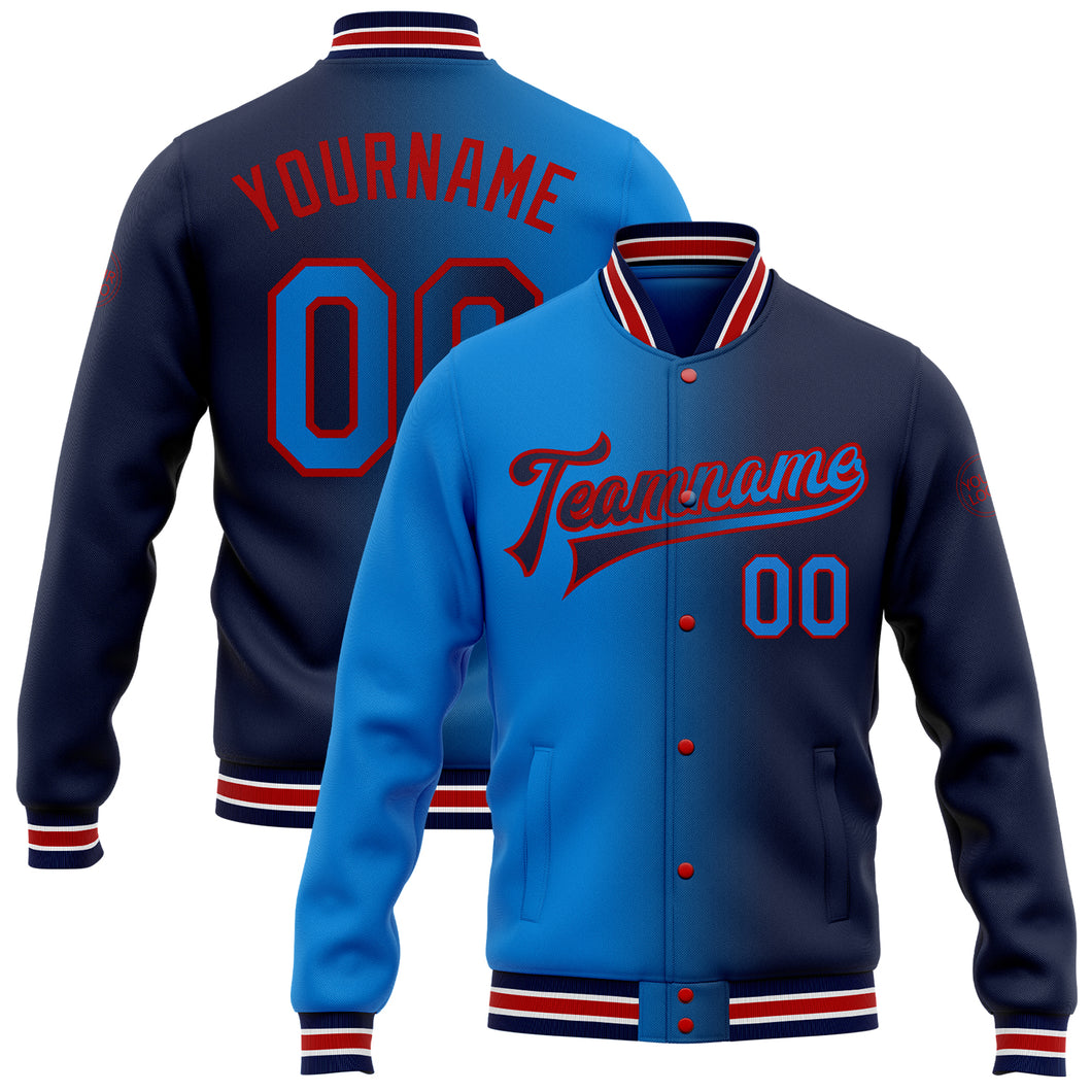 Custom Navy Electric Blue-Red Bomber Full-Snap Varsity Letterman Gradient Fashion Jacket