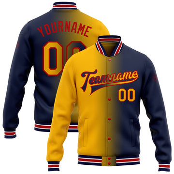 Custom Navy Gold-Red Bomber Full-Snap Varsity Letterman Gradient Fashion Jacket