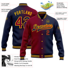 Laden Sie das Bild in den Galerie-Viewer, Custom Navy Maroon-Gold Bomber Full-Snap Varsity Letterman Gradient Fashion Jacket
