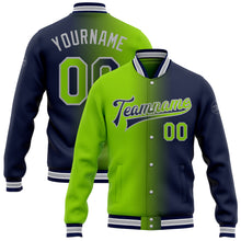 Laden Sie das Bild in den Galerie-Viewer, Custom Navy Neon Green-Gray Bomber Full-Snap Varsity Letterman Gradient Fashion Jacket
