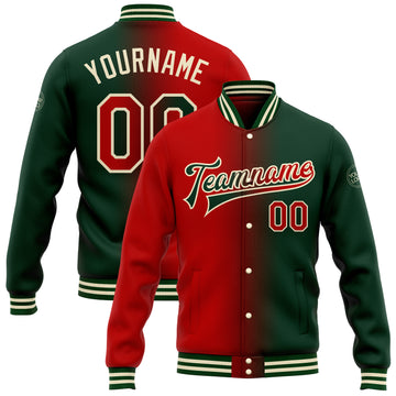 Custom Green Red-Cream Bomber Full-Snap Varsity Letterman Gradient Fashion Jacket