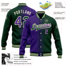 Laden Sie das Bild in den Galerie-Viewer, Custom Green Purple-Cream Bomber Full-Snap Varsity Letterman Gradient Fashion Jacket
