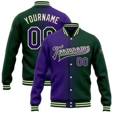 Laden Sie das Bild in den Galerie-Viewer, Custom Green Purple-Cream Bomber Full-Snap Varsity Letterman Gradient Fashion Jacket
