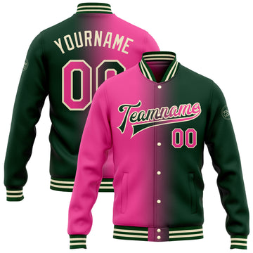 Custom Green Pink-Cream Bomber Full-Snap Varsity Letterman Gradient Fashion Jacket