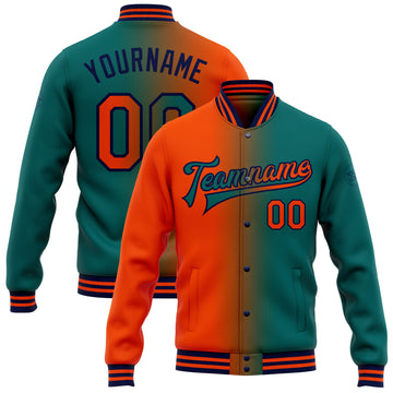 Custom Teal Orange-Navy Bomber Full-Snap Varsity Letterman Gradient Fashion Jacket