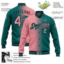 Laden Sie das Bild in den Galerie-Viewer, Custom Teal Medium Pink-Black Bomber Full-Snap Varsity Letterman Gradient Fashion Jacket
