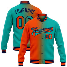 Laden Sie das Bild in den Galerie-Viewer, Custom Aqua Orange-Navy Bomber Full-Snap Varsity Letterman Gradient Fashion Jacket
