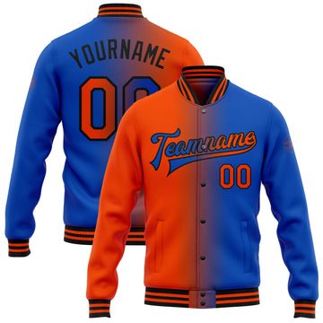 Custom Thunder Blue Orange-Black Bomber Full-Snap Varsity Letterman Gradient Fashion Jacket