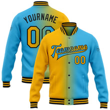 Laden Sie das Bild in den Galerie-Viewer, Custom Sky Blue Gold-Black Bomber Full-Snap Varsity Letterman Gradient Fashion Jacket
