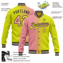 Laden Sie das Bild in den Galerie-Viewer, Custom Neon Yellow Medium Pink-Black Bomber Full-Snap Varsity Letterman Gradient Fashion Jacket
