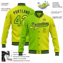 Laden Sie das Bild in den Galerie-Viewer, Custom Neon Yellow Neon Green-Navy Bomber Full-Snap Varsity Letterman Gradient Fashion Jacket

