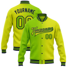 Laden Sie das Bild in den Galerie-Viewer, Custom Neon Yellow Neon Green-Navy Bomber Full-Snap Varsity Letterman Gradient Fashion Jacket
