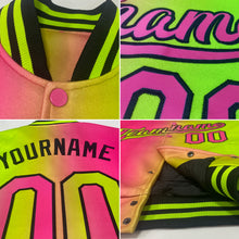 Laden Sie das Bild in den Galerie-Viewer, Custom Neon Yellow Neon Pink-Black Bomber Full-Snap Varsity Letterman Gradient Fashion Jacket
