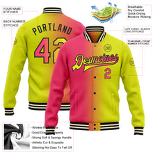 Laden Sie das Bild in den Galerie-Viewer, Custom Neon Yellow Neon Pink-Black Bomber Full-Snap Varsity Letterman Gradient Fashion Jacket
