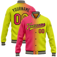 Laden Sie das Bild in den Galerie-Viewer, Custom Neon Yellow Neon Pink-Black Bomber Full-Snap Varsity Letterman Gradient Fashion Jacket
