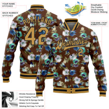 Laden Sie das Bild in den Galerie-Viewer, Custom Brown Old Gold-Black Fuzzy Flower Art 3D Pattern Design Bomber Full-Snap Varsity Letterman Jacket
