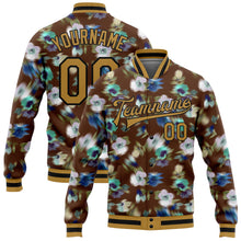 Laden Sie das Bild in den Galerie-Viewer, Custom Brown Old Gold-Black Fuzzy Flower Art 3D Pattern Design Bomber Full-Snap Varsity Letterman Jacket
