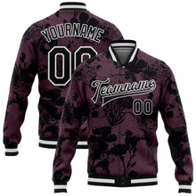 Laden Sie das Bild in den Galerie-Viewer, Custom Burgundy Black-White Plant And Flower 3D Pattern Design Bomber Full-Snap Varsity Letterman Jacket
