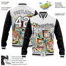 Laden Sie das Bild in den Galerie-Viewer, Custom White Black Graffiti Musical Instruments Music Festival 3D Pattern Design Bomber Full-Snap Varsity Letterman Jacket
