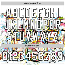 Laden Sie das Bild in den Galerie-Viewer, Custom White Black Graffiti Musical Instruments Music Festival 3D Pattern Design Bomber Full-Snap Varsity Letterman Jacket
