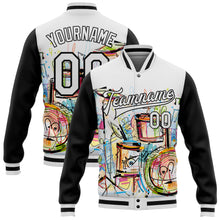 Laden Sie das Bild in den Galerie-Viewer, Custom White Black Graffiti Musical Instruments Music Festival 3D Pattern Design Bomber Full-Snap Varsity Letterman Jacket
