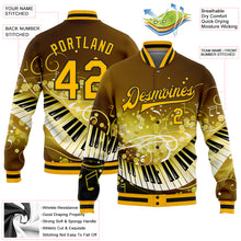 Laden Sie das Bild in den Galerie-Viewer, Custom Brown Gold-Black Piano Music Festival 3D Pattern Design Bomber Full-Snap Varsity Letterman Jacket
