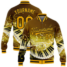Laden Sie das Bild in den Galerie-Viewer, Custom Brown Gold-Black Piano Music Festival 3D Pattern Design Bomber Full-Snap Varsity Letterman Jacket
