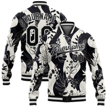 Laden Sie das Bild in den Galerie-Viewer, Custom Black White Floral Wave 3D Pattern Design Bomber Full-Snap Varsity Letterman Jacket
