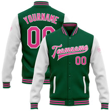 Laden Sie das Bild in den Galerie-Viewer, Custom Kelly Green Pink-White Bomber Full-Snap Varsity Letterman Two Tone Jacket
