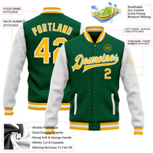 Load image into Gallery viewer, Custom Kelly Green Gold-White Bomber Full-Snap Varsity Letterman Two Tone Jacket
