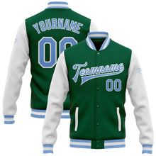 Load image into Gallery viewer, Custom Kelly Green Light Blue-White Bomber Full-Snap Varsity Letterman Two Tone Jacket
