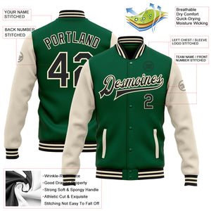 Custom Kelly Green Black-Cream Bomber Full-Snap Varsity Letterman Two Tone Jacket