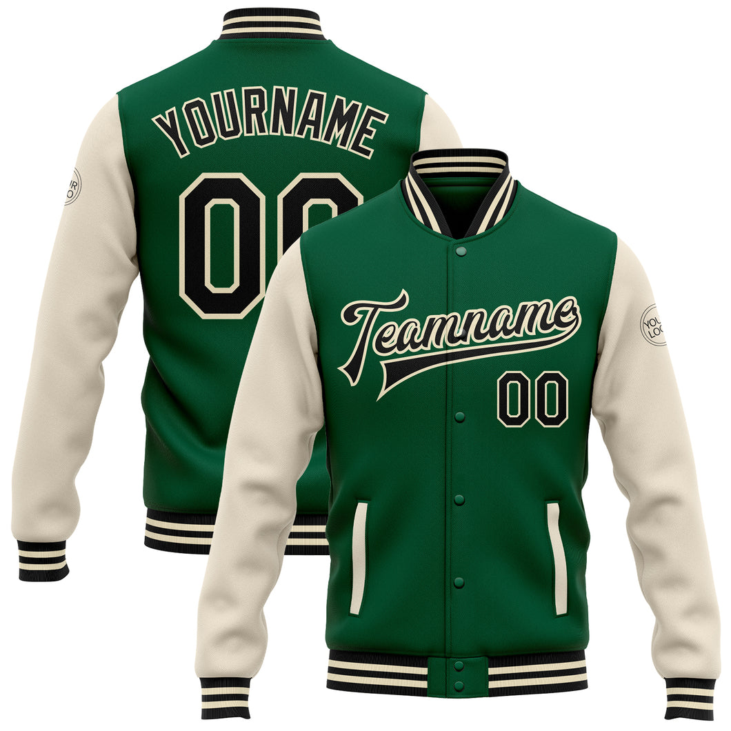 Custom Kelly Green Black-Cream Bomber Full-Snap Varsity Letterman Two Tone Jacket