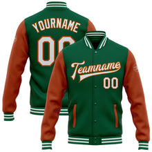 Load image into Gallery viewer, Custom Kelly Green White-Texas Orange Bomber Full-Snap Varsity Letterman Two Tone Jacket
